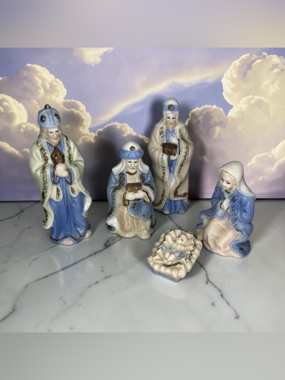 5 Pc Vint World Bazaar Porcelain Mini 5” Tall Nativity Set Mary Jesus 3 Wise Men